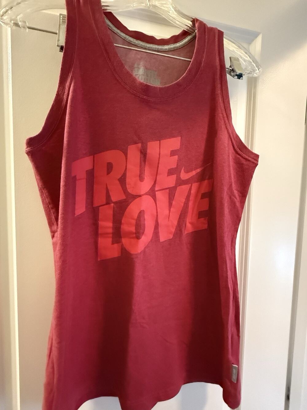 Nike Dri-FIT Cotton Feel Tank Top Womens L Red True Love Swoosh Graphic